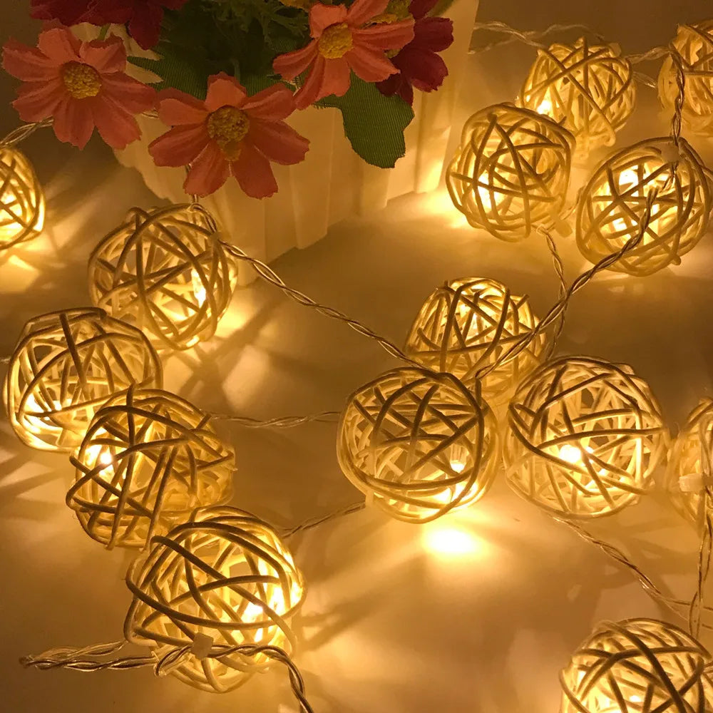 Rattan Ball Light Chain – Enchanting Decor with Warm Glow 3