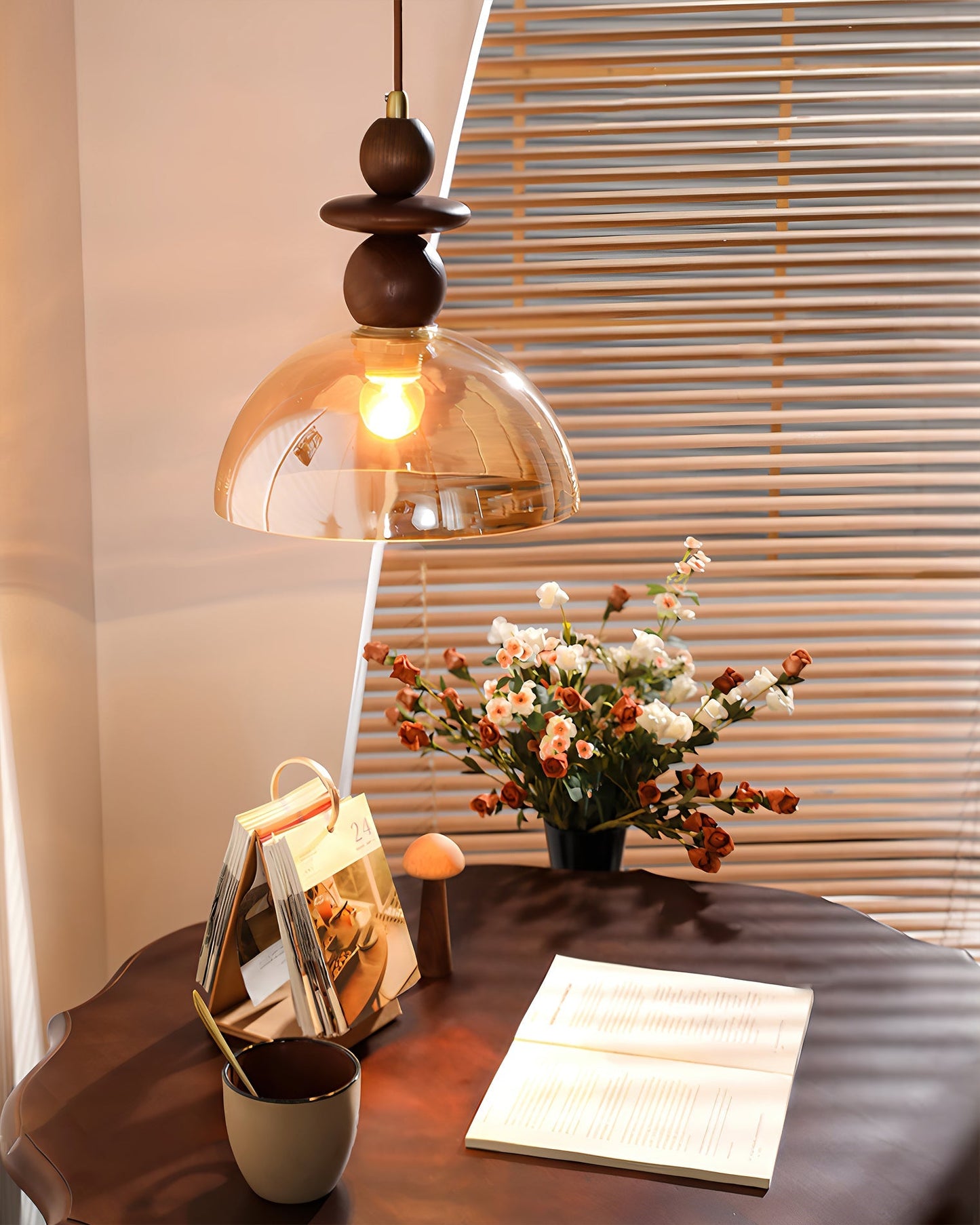 Valeska Pendant Light – Elegant Amber Glass with Wooden Accents 3
