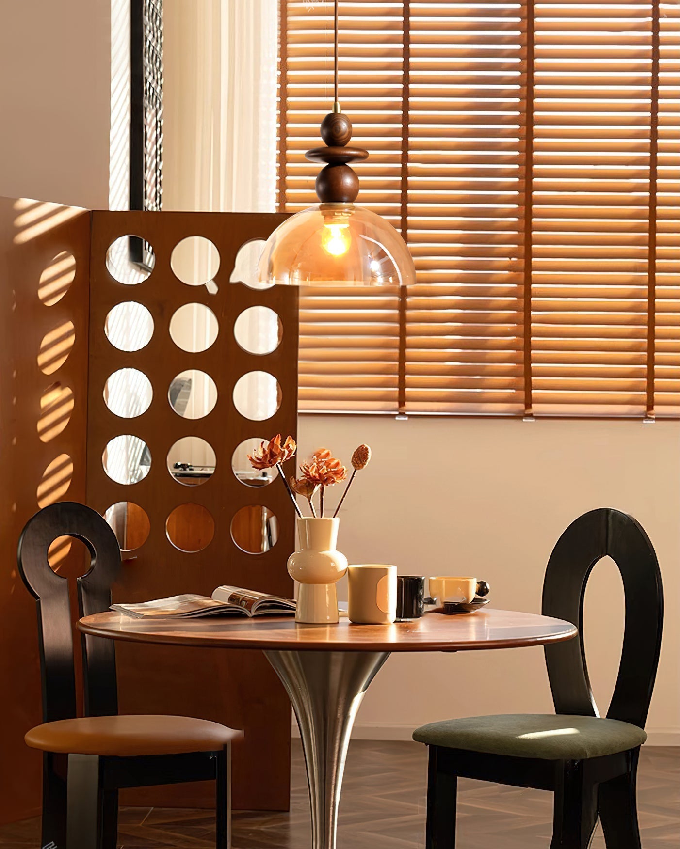 Valeska Pendant Light – Elegant Amber Glass with Wooden Accents 4