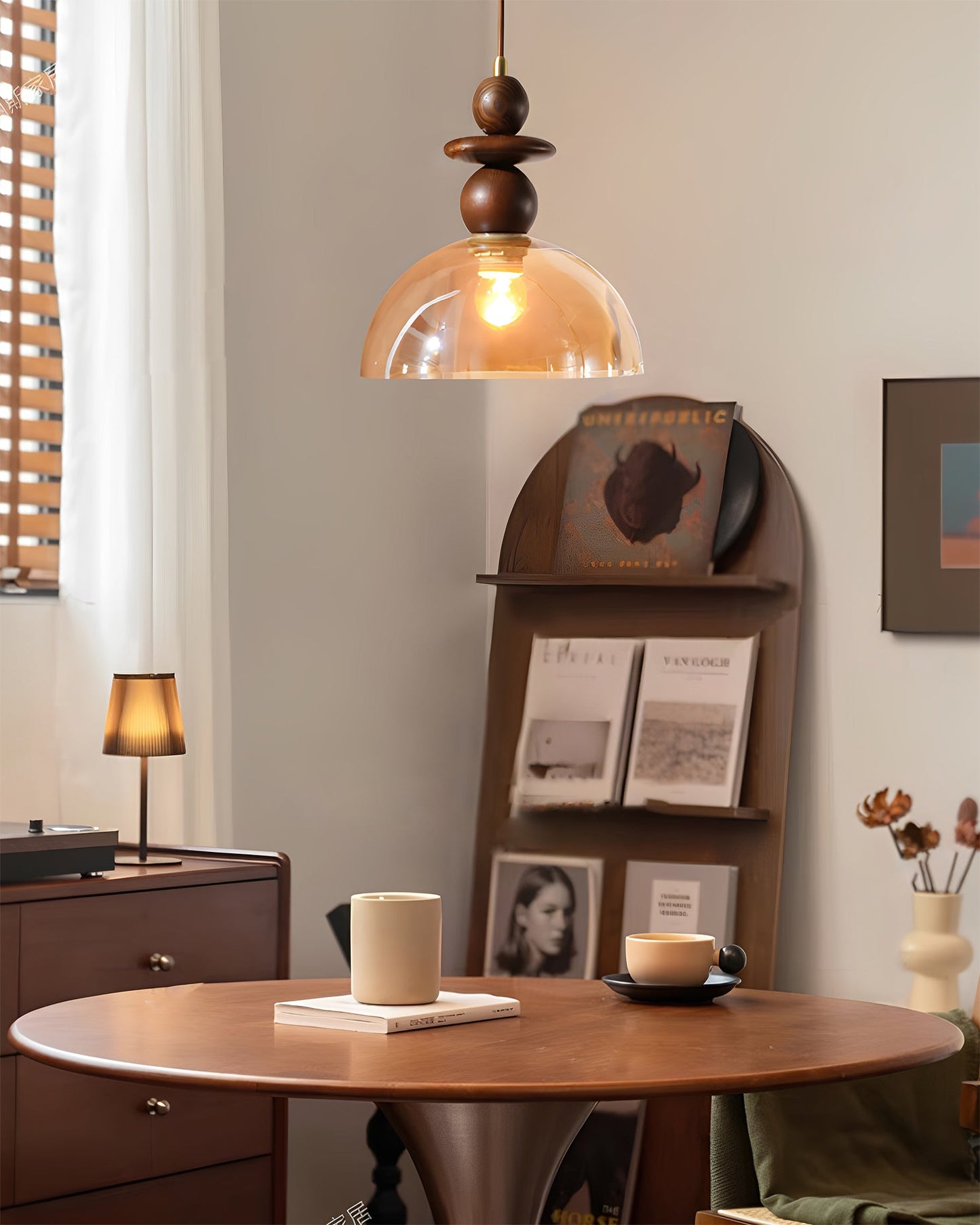 Valeska Pendant Light – Elegant Amber Glass with Wooden Accents 5