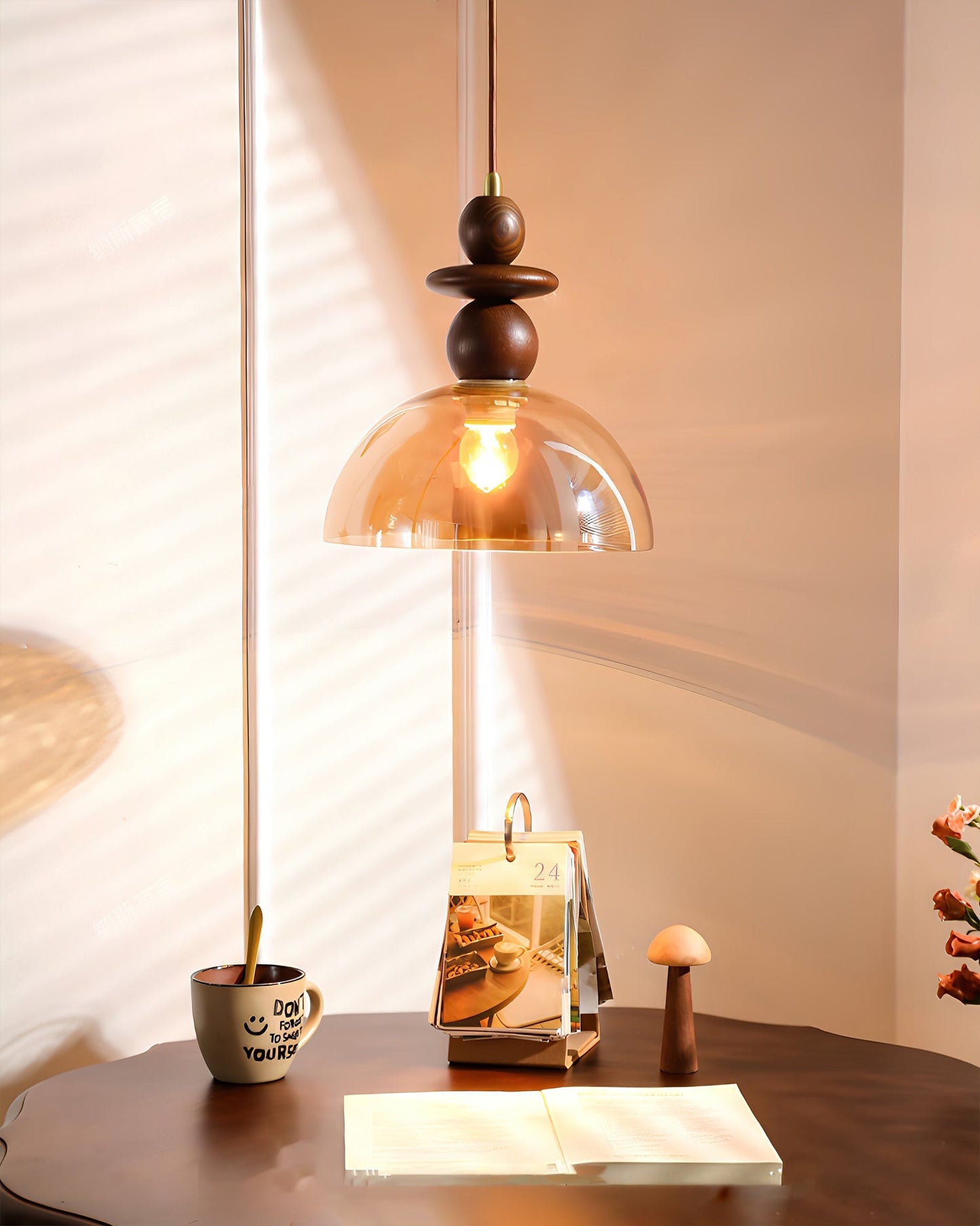 Valeska Pendant Light – Elegant Amber Glass with Wooden Accents 6