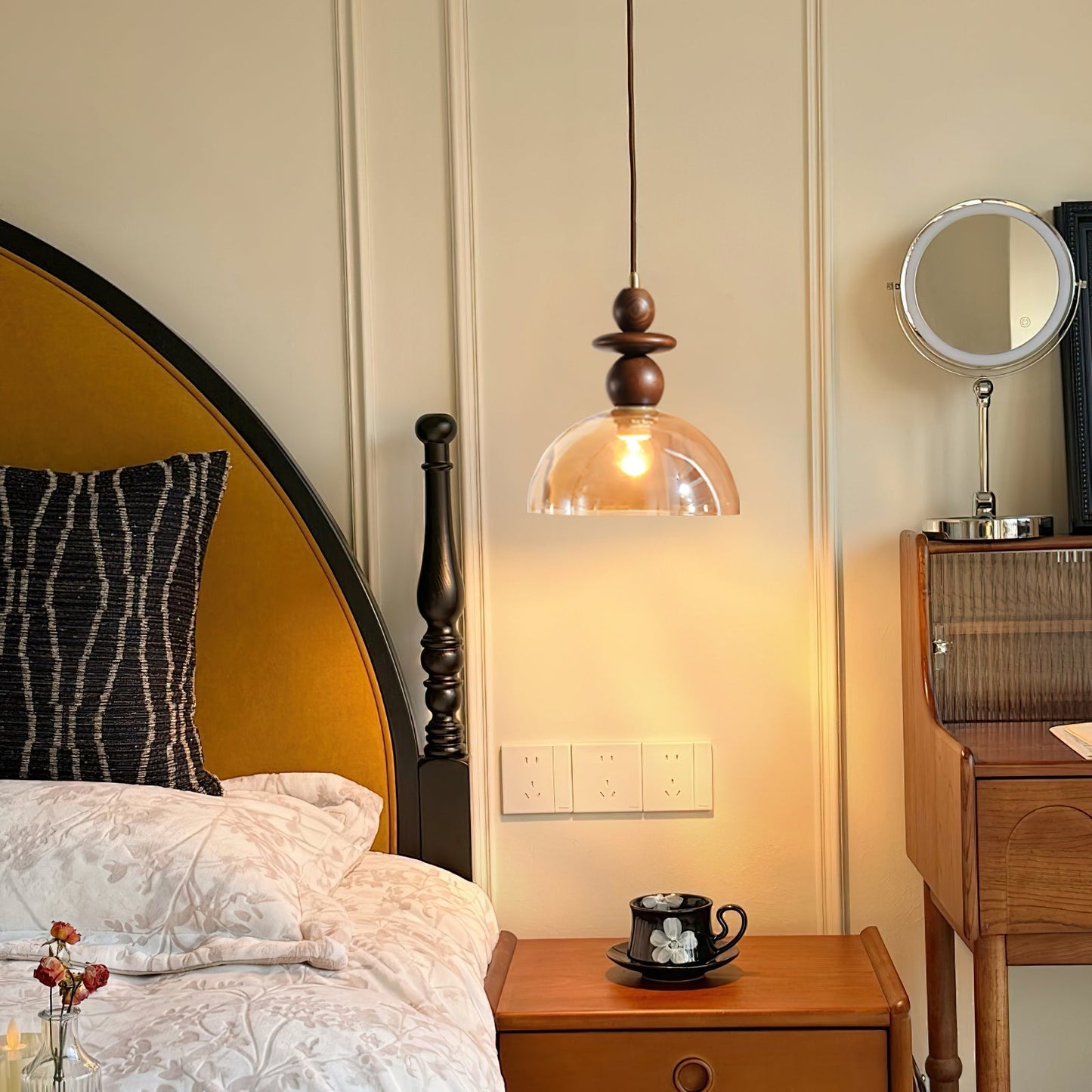 Valeska Pendant Light – Elegant Amber Glass with Wooden Accents 7
