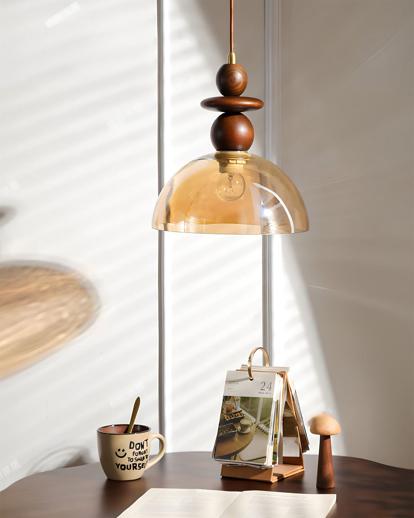 Valeska Pendant Light – Elegant Amber Glass with Wooden Accents 8