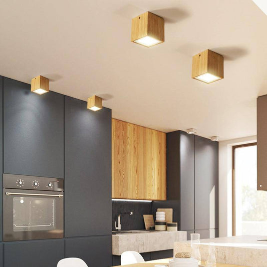 Wooden Cube-Shaped LED Ceiling Light – Modern Design with Warm Ambiance 1