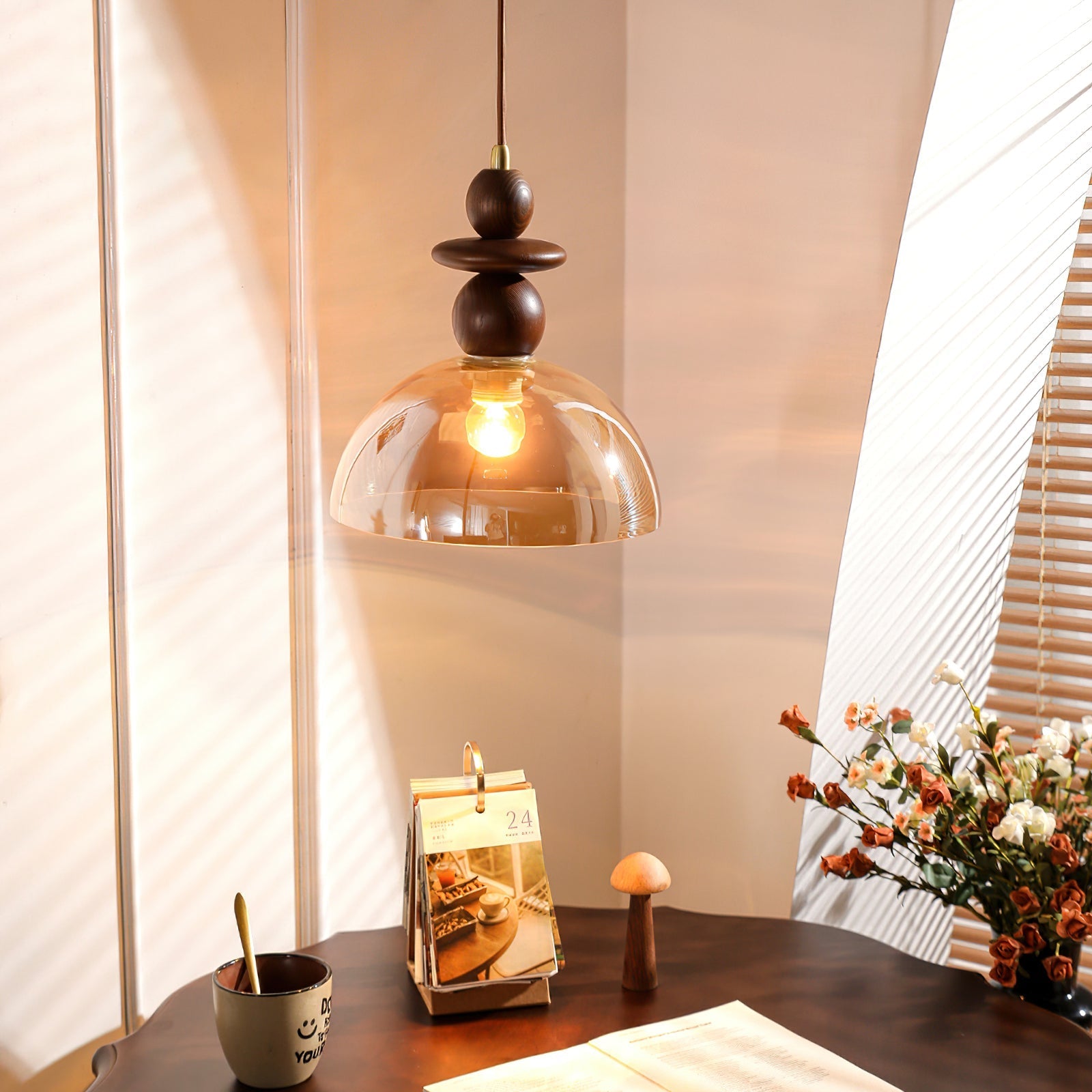 Valeska Pendant Light – Elegant Amber Glass with Wooden Accents 2