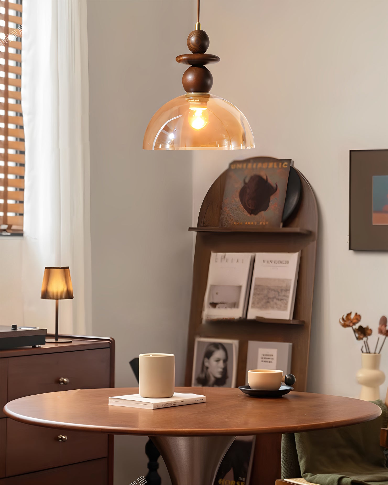 Valeska Pendant Light – Elegant Amber Glass with Wooden Accents 5
