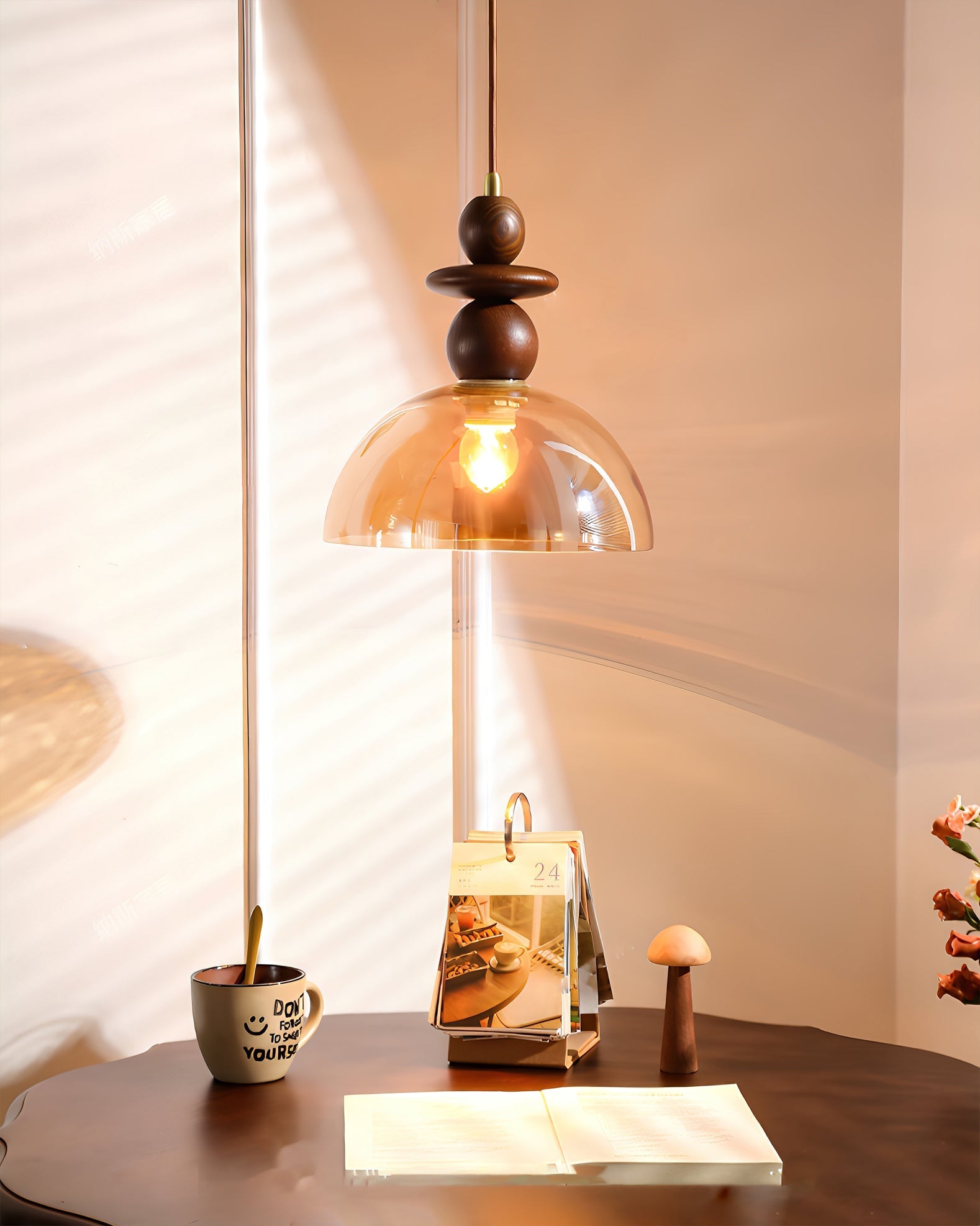 Valeska Pendant Light – Elegant Amber Glass with Wooden Accents 6