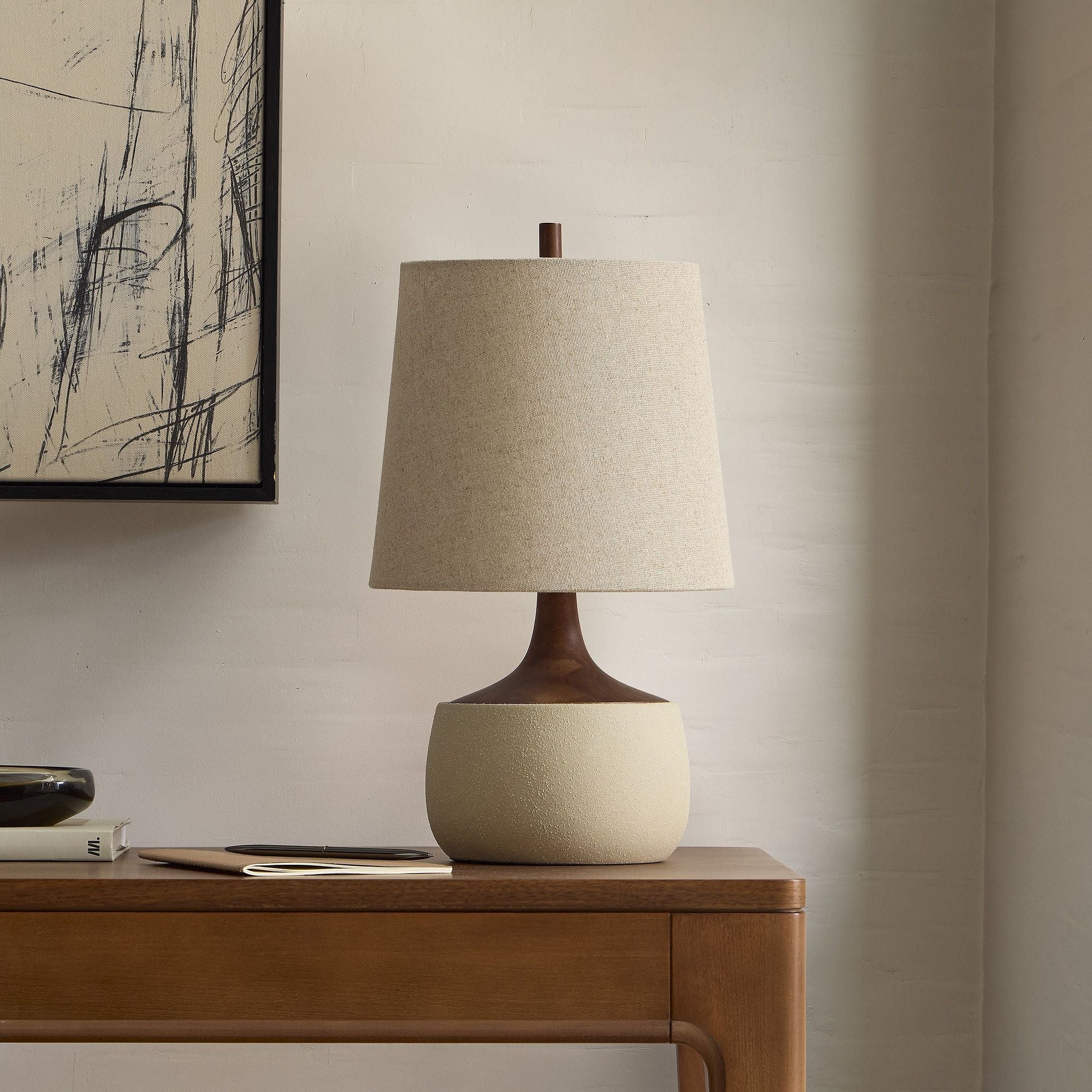 Bingley Ceramic & Wood Table Lamp by Walker & Co – Natural Linen Shade, 16.5"-22", UL Certified Lighting