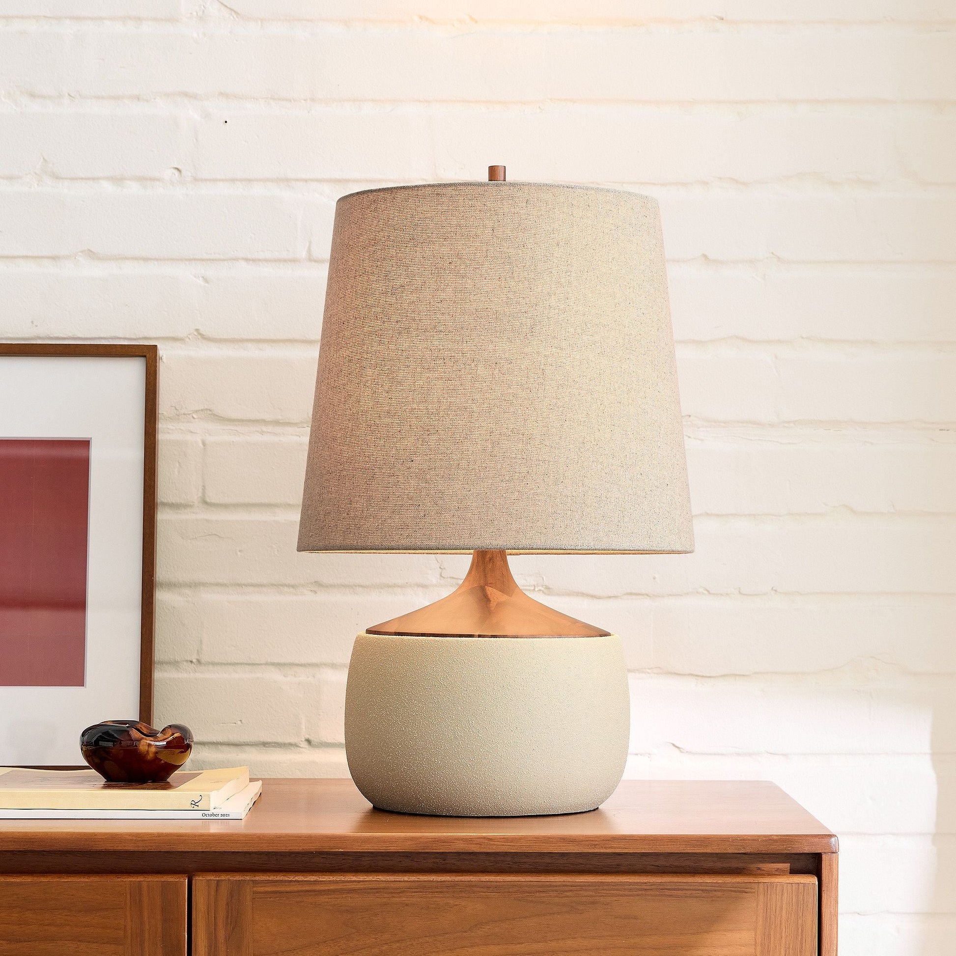 Bingley Ceramic & Wood Table Lamp by Walker & Co – Natural Linen Shade, 16.5"-22", UL Certified Lighting